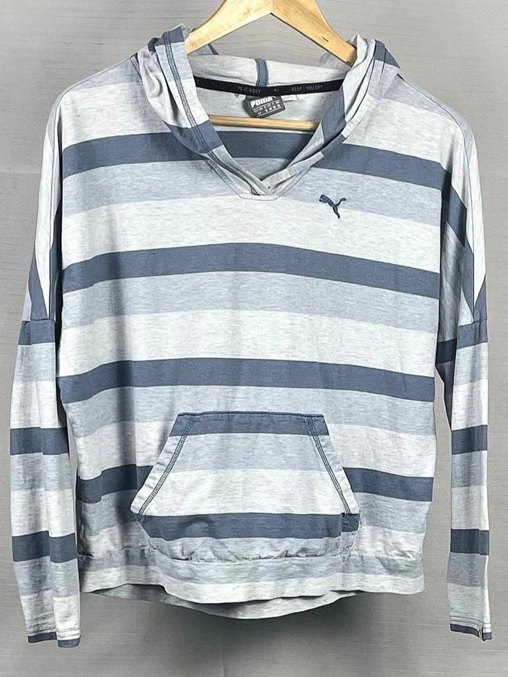 Puma Gray Blue Striped Hooded Pullover Pocket S